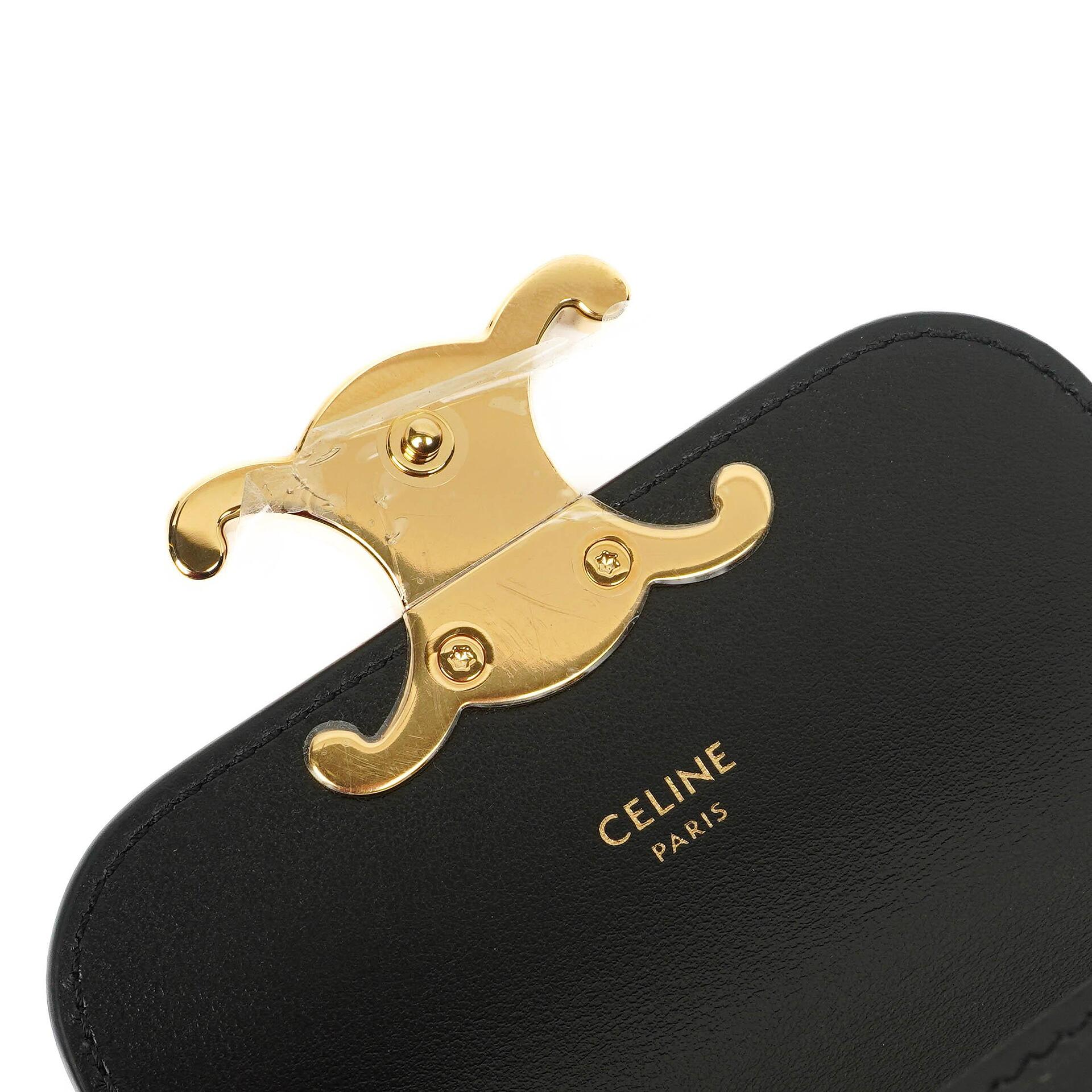 Celine Mini Triomphe Schulter-/Crossbody-Tasche aus schwarzem glänzendem Kalbsleder
