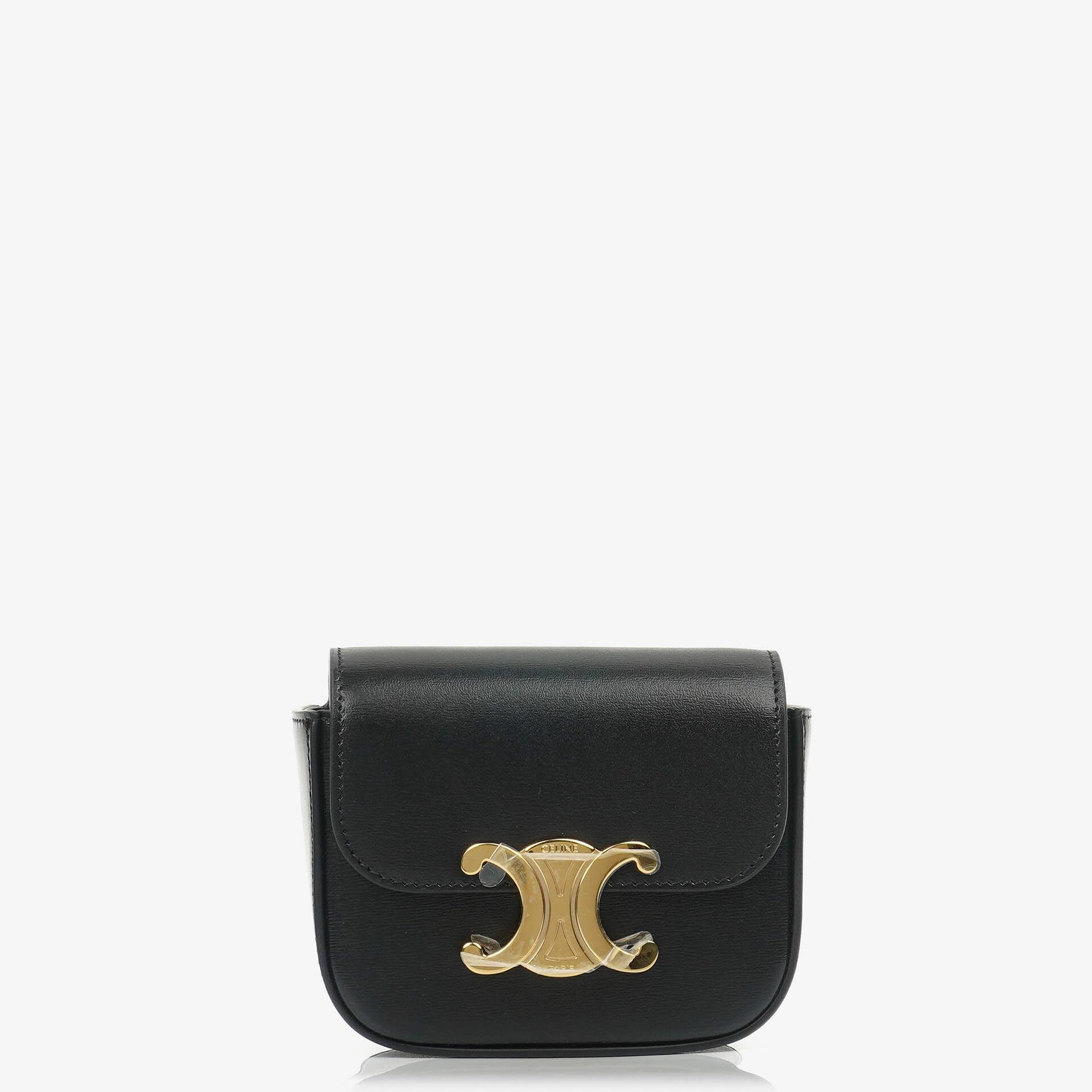 Celine Mini Triomphe Schulter-/Crossbody-Tasche aus schwarzem glänzendem Kalbsleder