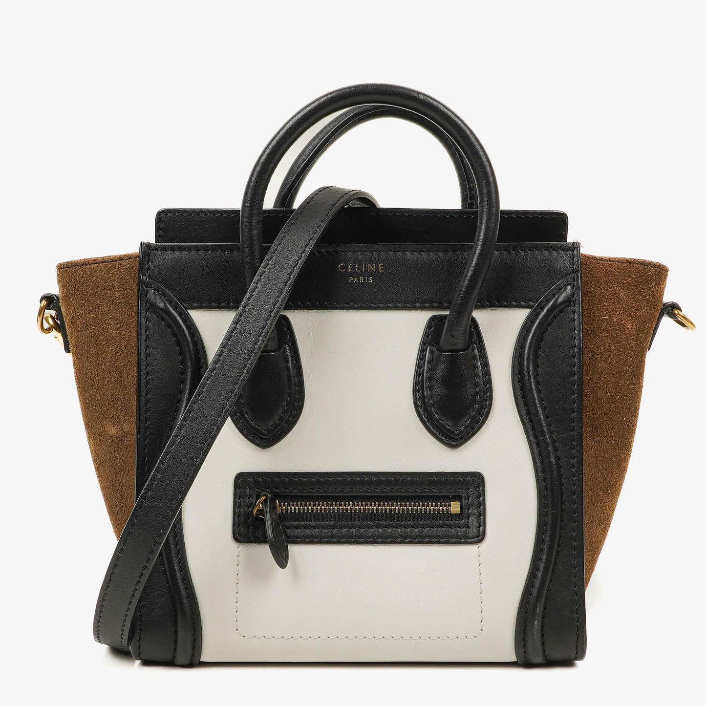 Celine Nano Luggage Handtasche aus Leder und Wildleder in Schwarz/Braun/Weiß