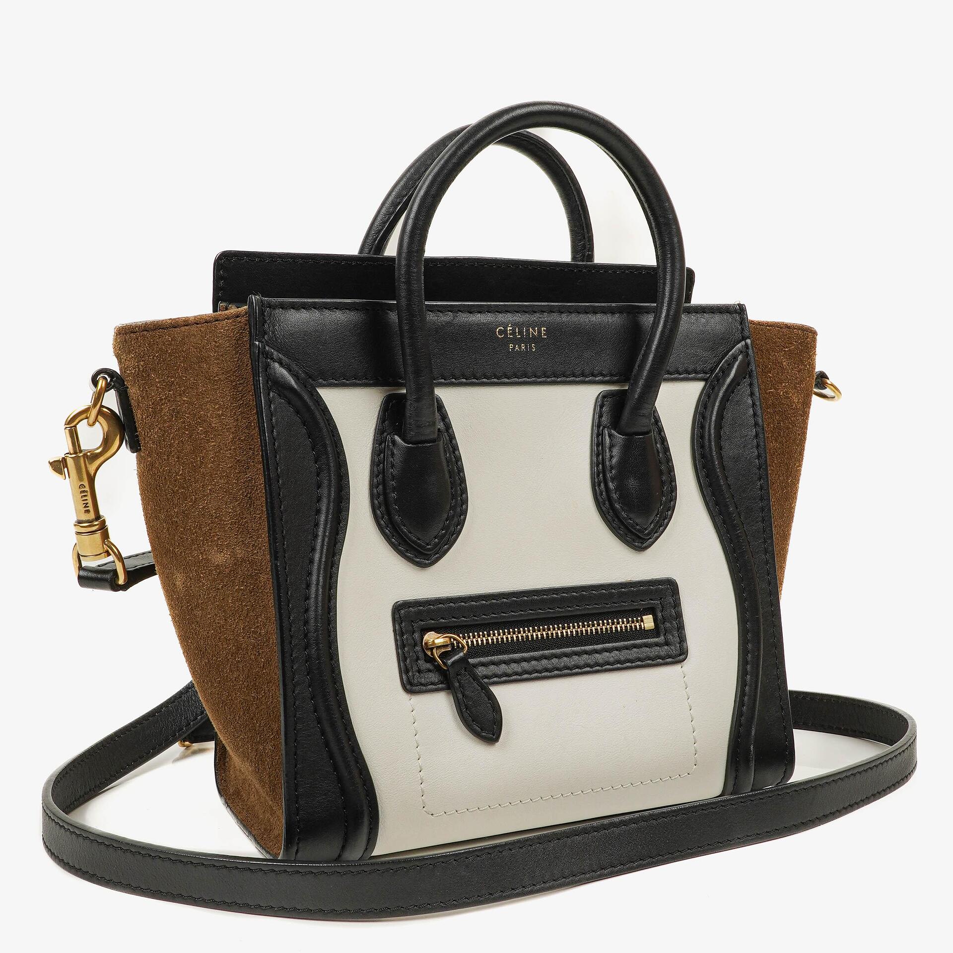 Celine Nano Luggage Handtasche aus Leder und Wildleder in Schwarz/Braun/Weiß