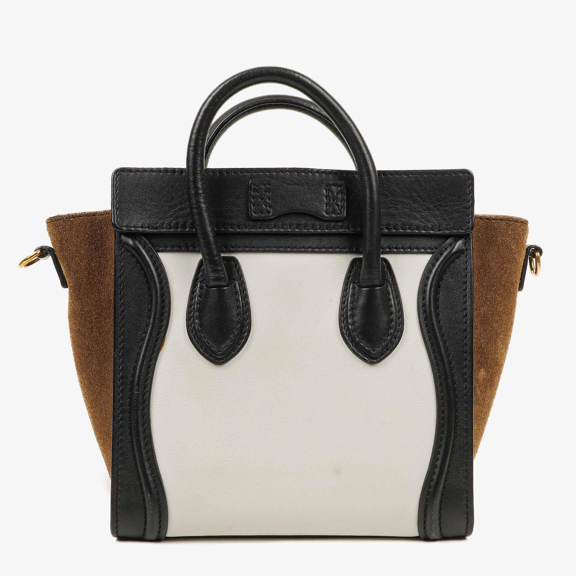 Celine Nano Luggage Handtasche aus Leder und Wildleder in Schwarz/Braun/Weiß