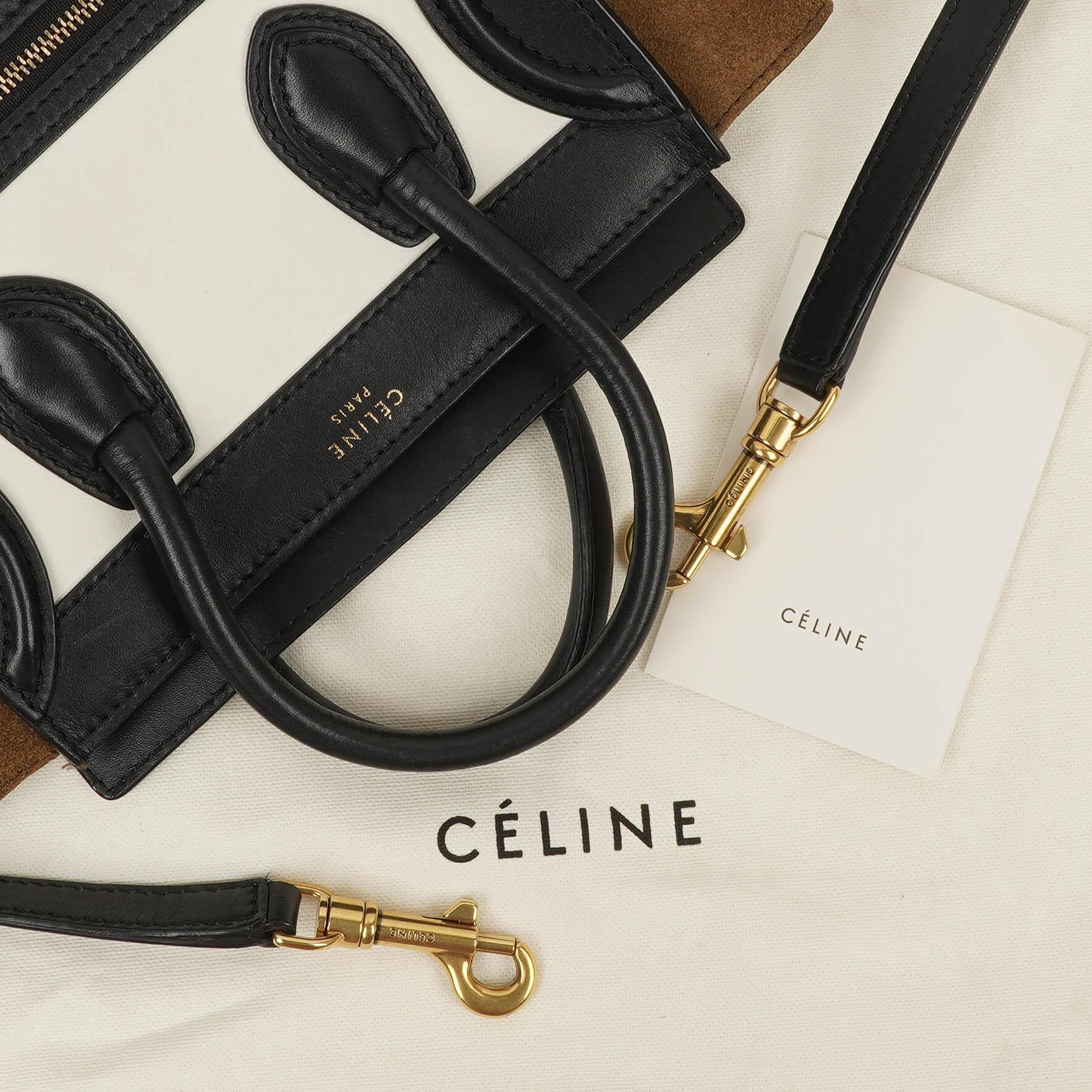 Celine Nano Luggage Handtasche aus Leder und Wildleder in Schwarz/Braun/Weiß