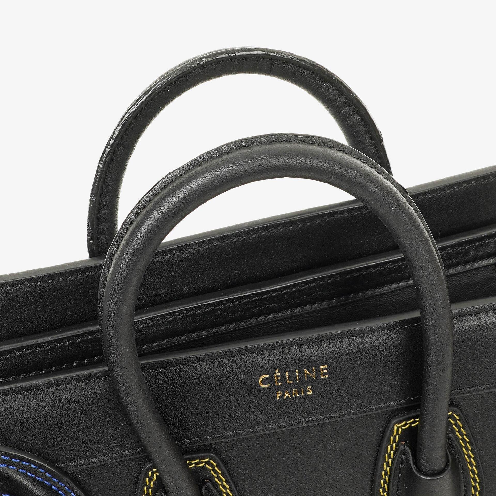 Celine Nano Luggage Handtasche aus glattem schwarzem Kalbsleder mit mehrfarbigen Nähten