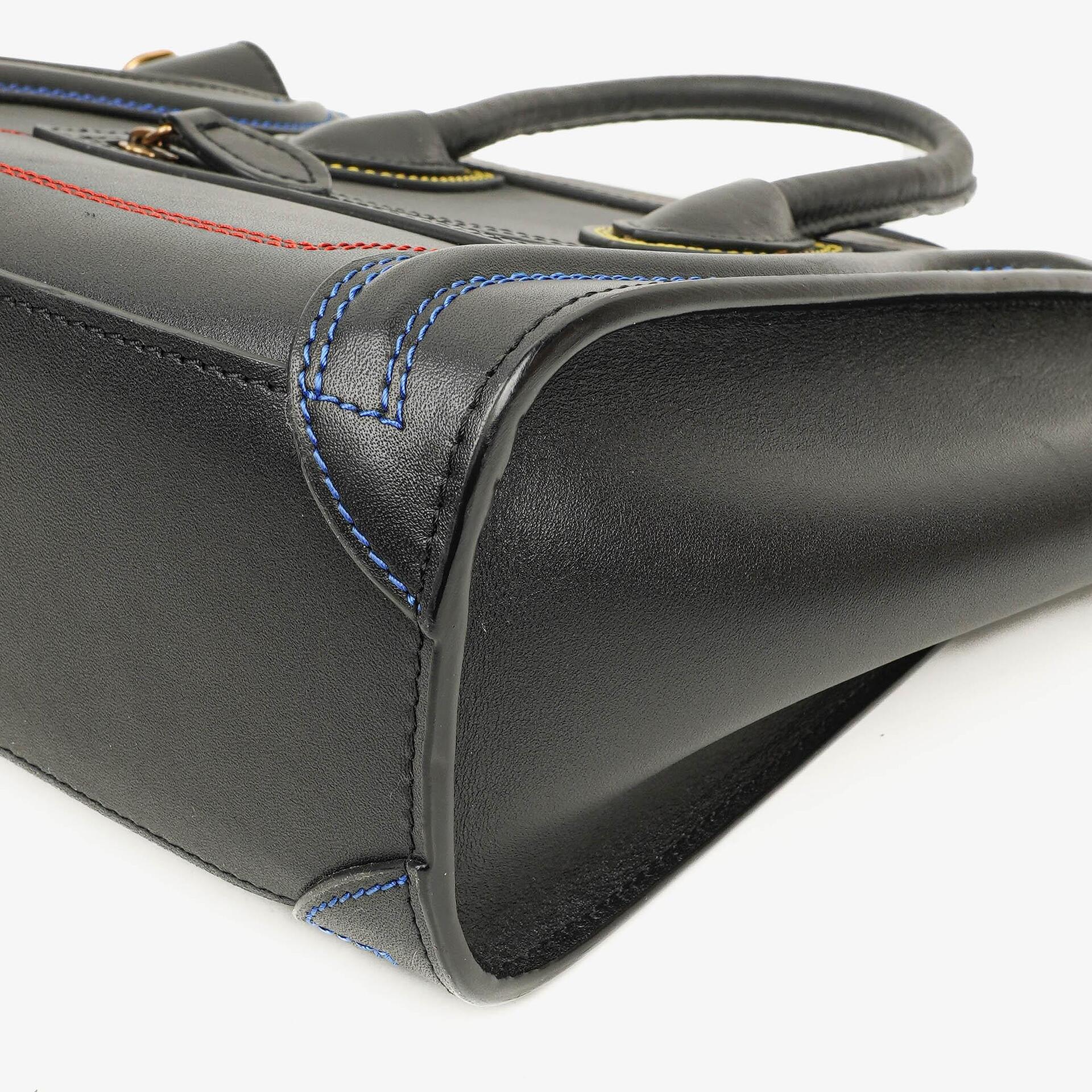 Celine Nano Luggage Handtasche aus glattem schwarzem Kalbsleder mit mehrfarbigen Nähten