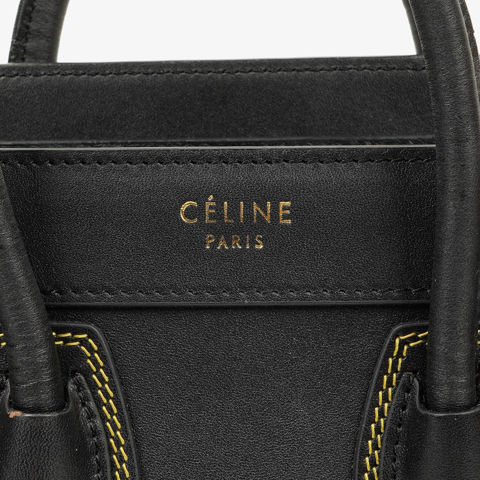 Celine Nano Luggage Handtasche aus glattem schwarzem Kalbsleder mit mehrfarbigen Nähten