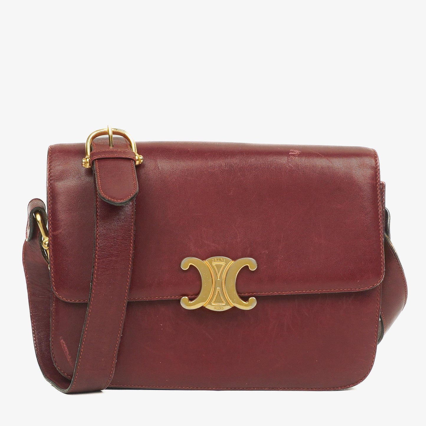 Céline Triomphe Schultertasche aus burgunderfarbenem glänzendem Kalbsleder