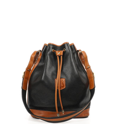 Celine Vintage Schwarze genarbte Leder Zugband Bucket Bag