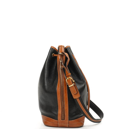 Celine Vintage Schwarze genarbte Leder Zugband Bucket Bag