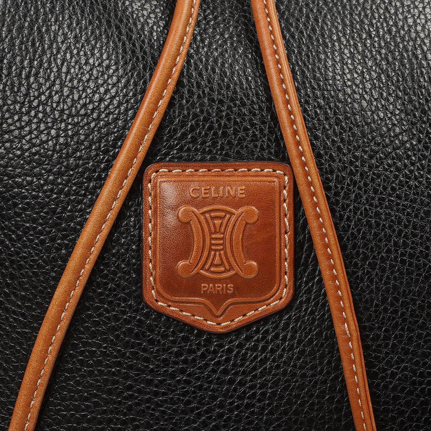 Celine Vintage Schwarze genarbte Leder Zugband Bucket Bag
