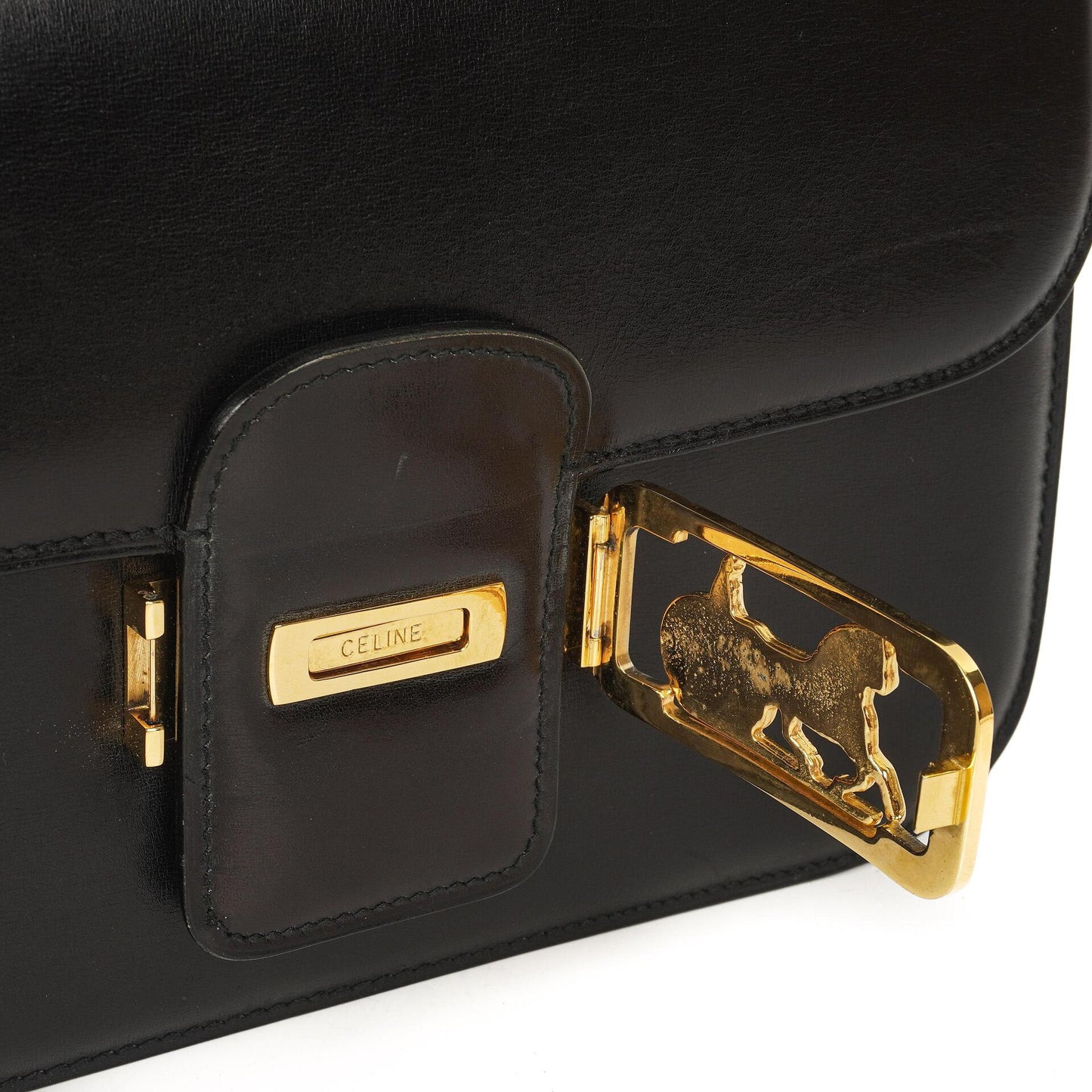 Celine Vintage Caleche Schultertasche aus schwarzem Box Kalbsleder