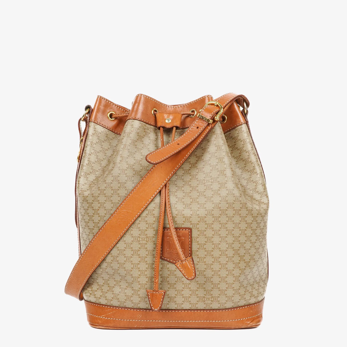 Celine Vintage Macadam Triomphe Bucket Bag mit Kordelzug in Beige und Braun