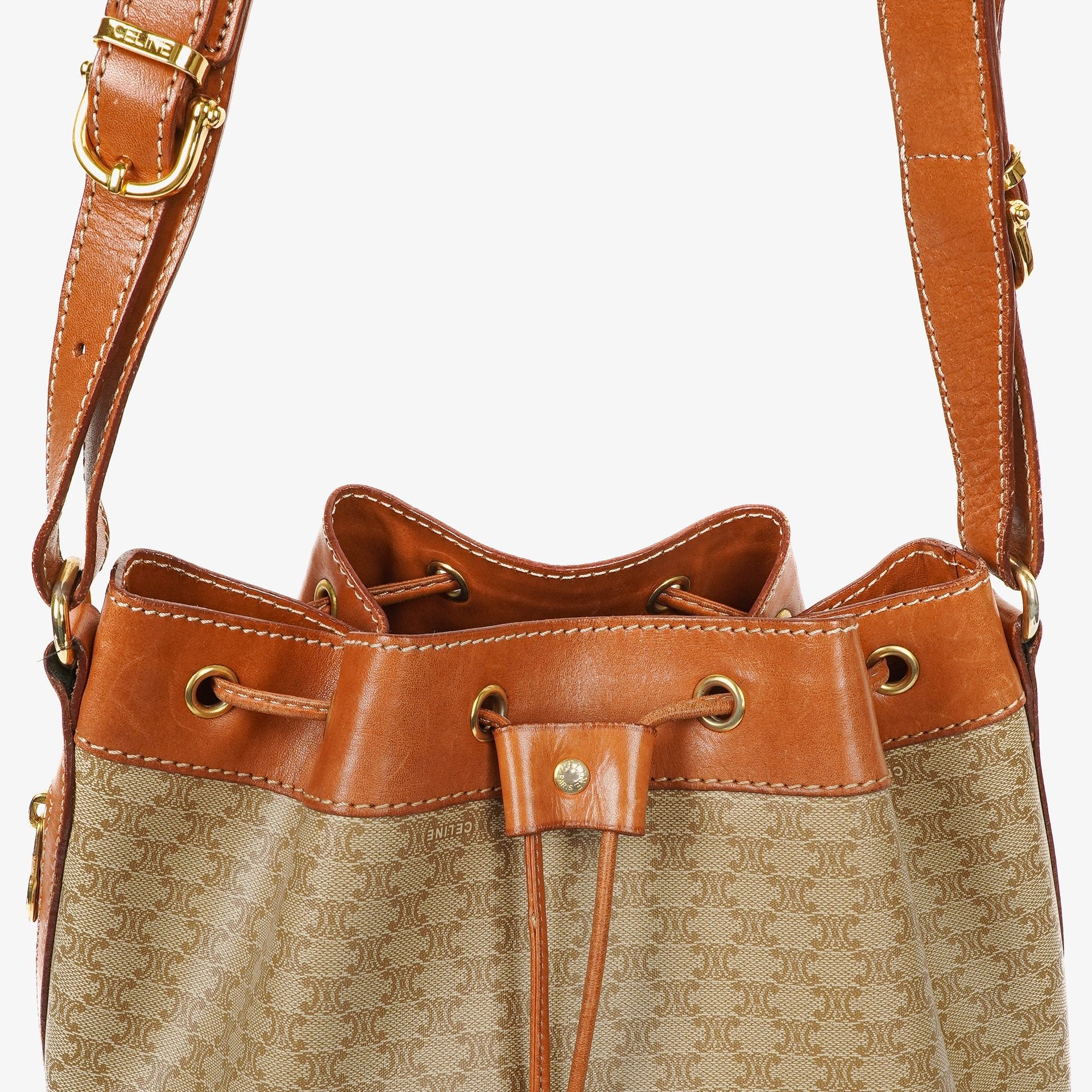 Celine Vintage Macadam Triomphe Bucket Bag mit Kordelzug in Beige und Braun