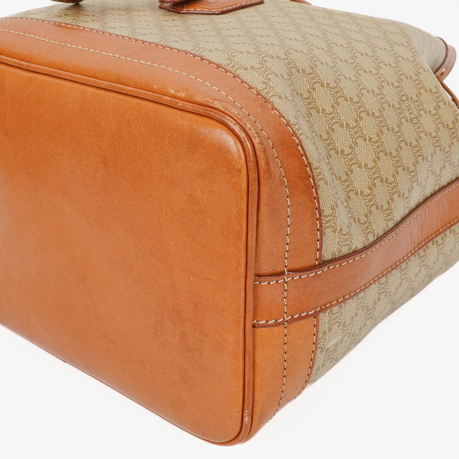 Celine Vintage Macadam Triomphe Bucket Bag mit Kordelzug in Beige und Braun
