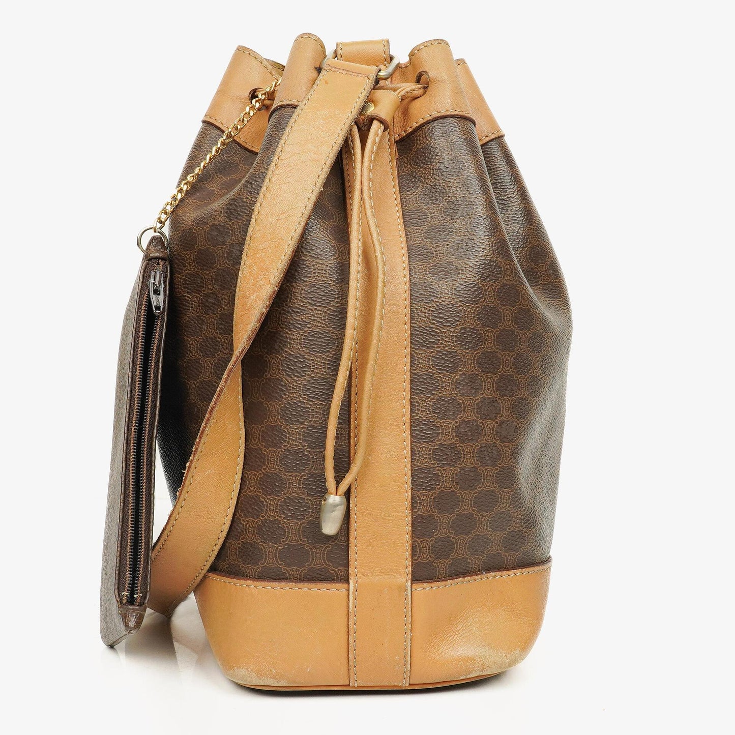 Celine Vintage Macadam Triomphe Bucket Bag mit Zugband in Braun