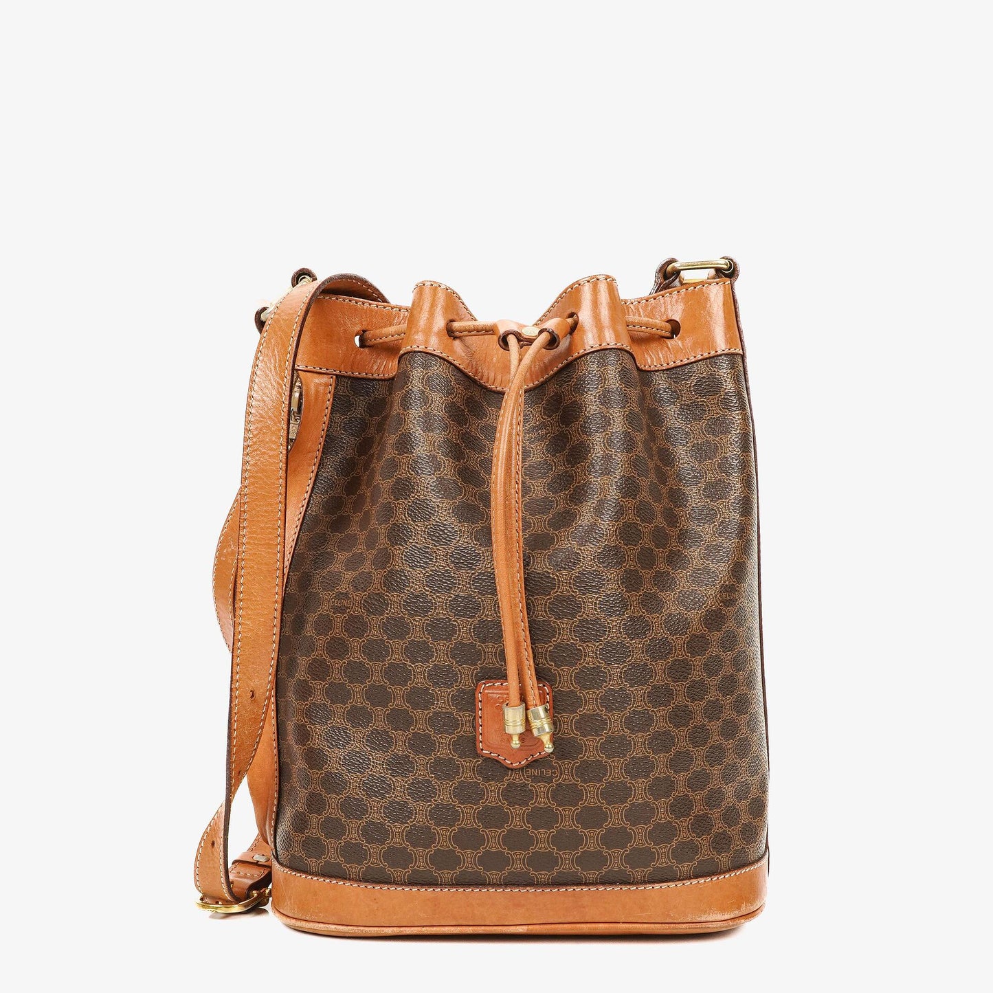 Celine Vintage Macadam Triomphe Bucket Bag mit Zugband in Braun