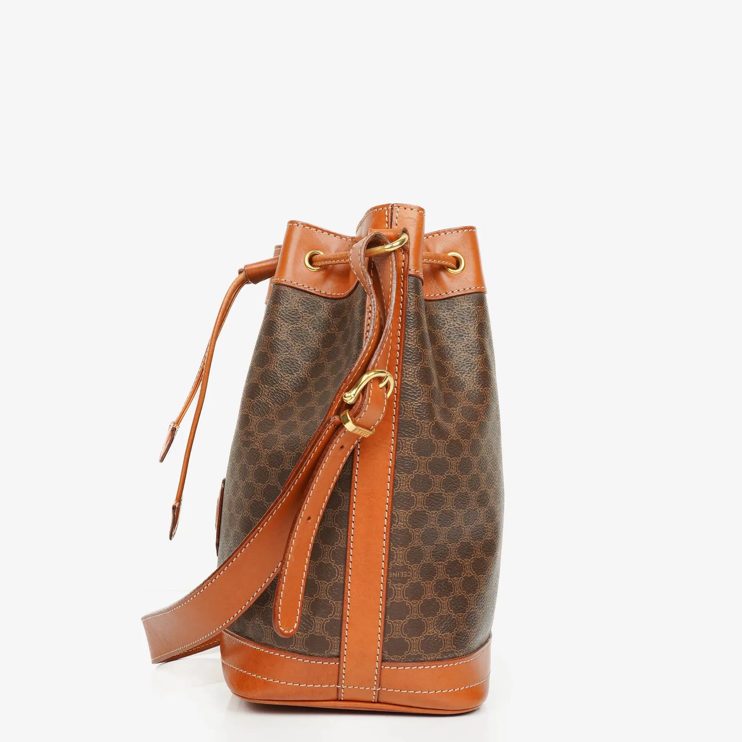 Celine Vintage Macadam Triomphe Bucket Tasche mit Kordelzug in Braun
