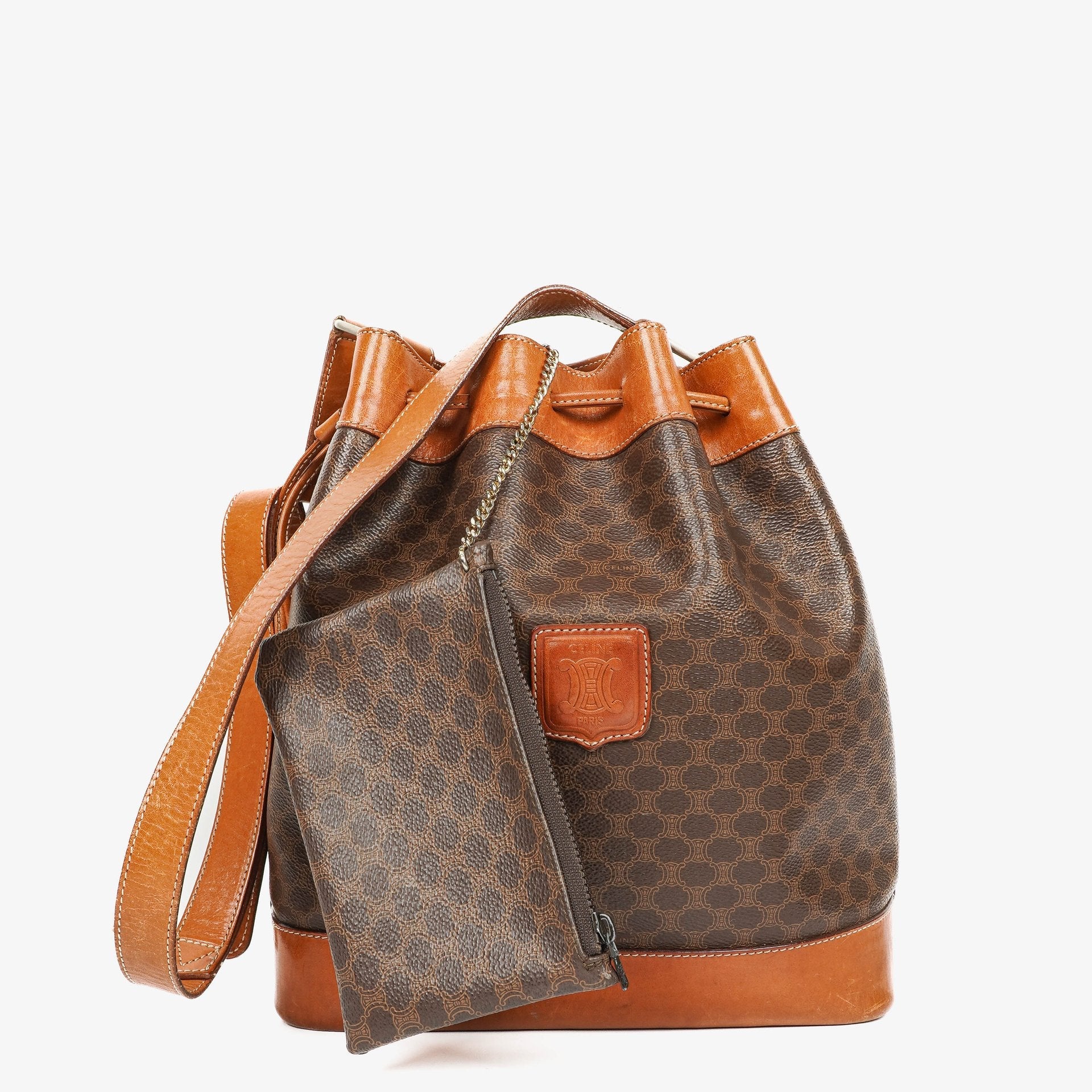 Celine Vintage Macadam Triomphe Bucket Bag mit Kordelzug in Braun