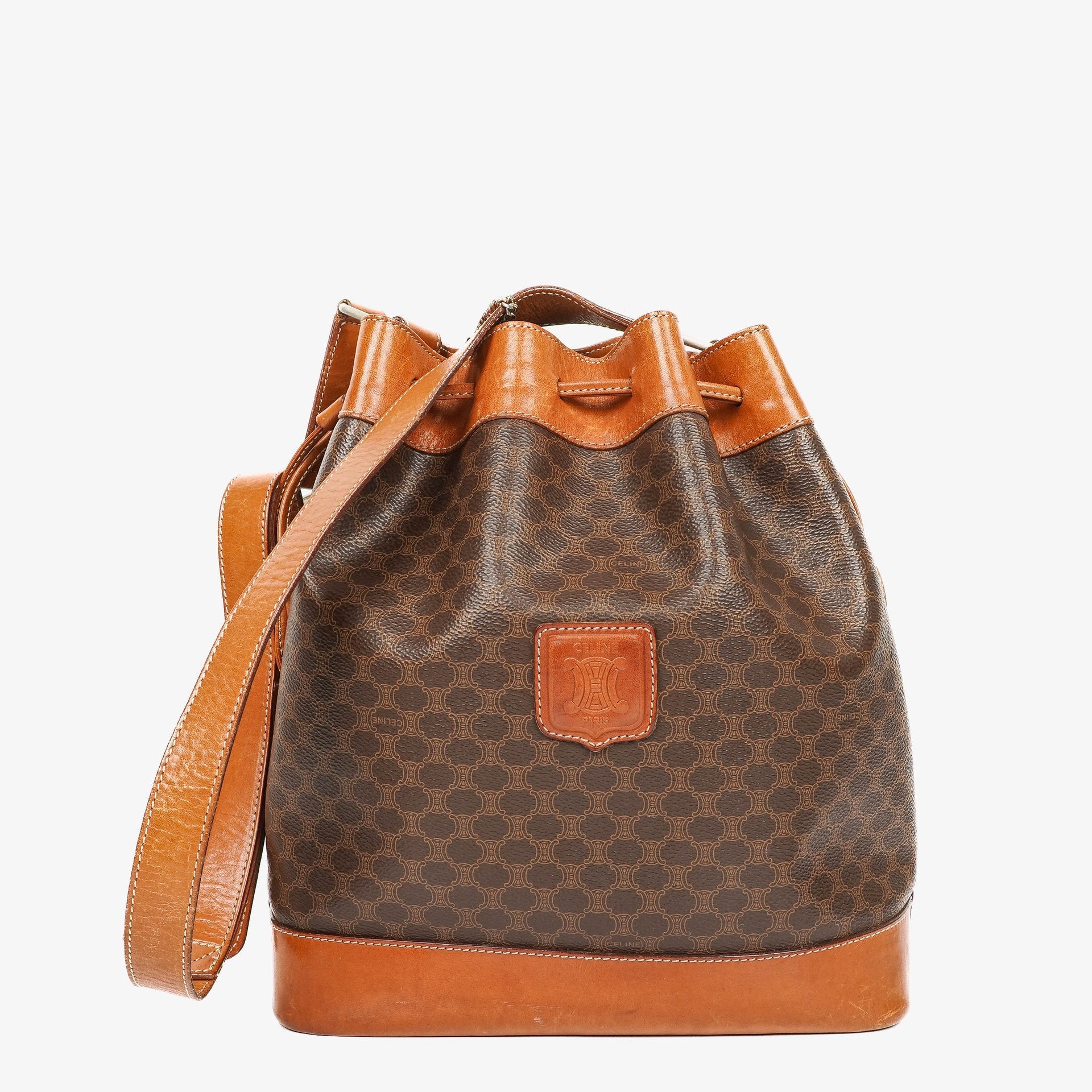 Celine Vintage Macadam Triomphe Bucket Bag mit Kordelzug in Braun
