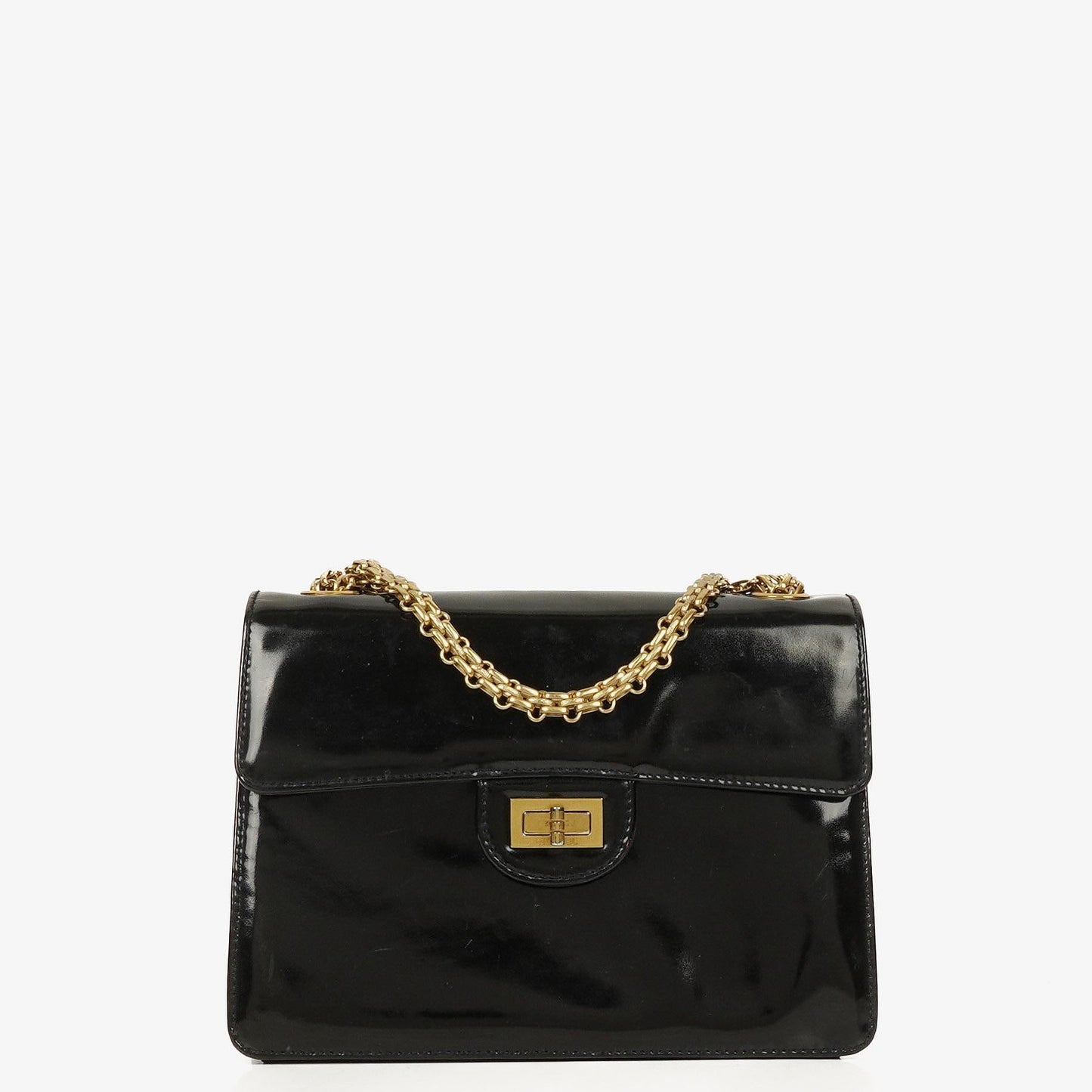 Chanel 2.55 Schultertasche aus schwarzem Lackleder mit Mademoiselle-Kette