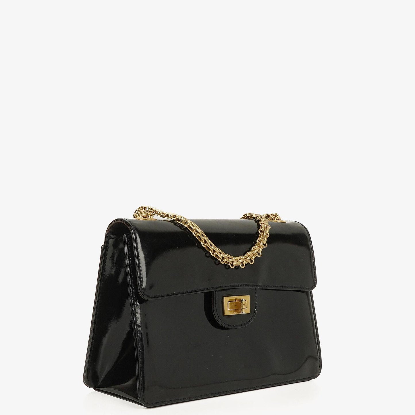 Chanel 2.55 Schultertasche aus schwarzem Lackleder mit Mademoiselle-Kette
