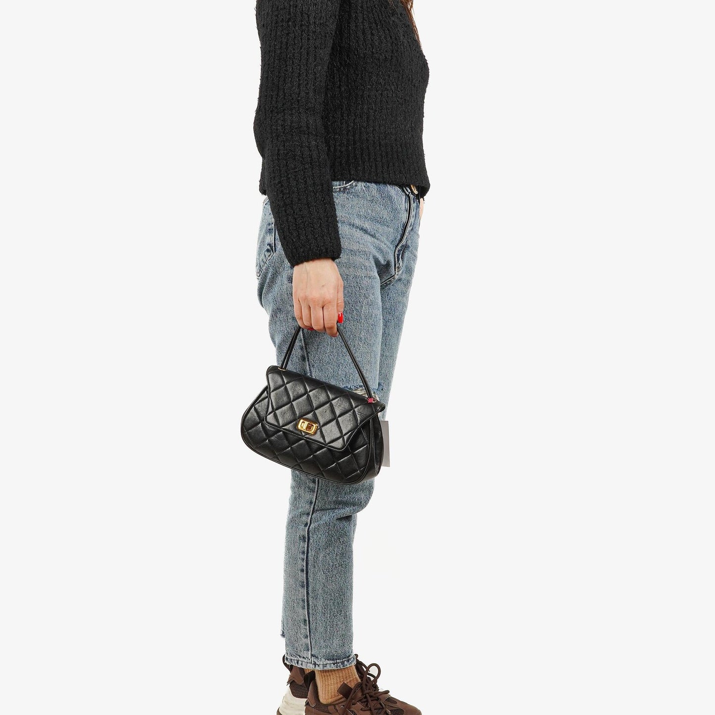 Chanel 2.55 Top-Handle Flap-Tasche aus schwarzem gestepptem Lammleder