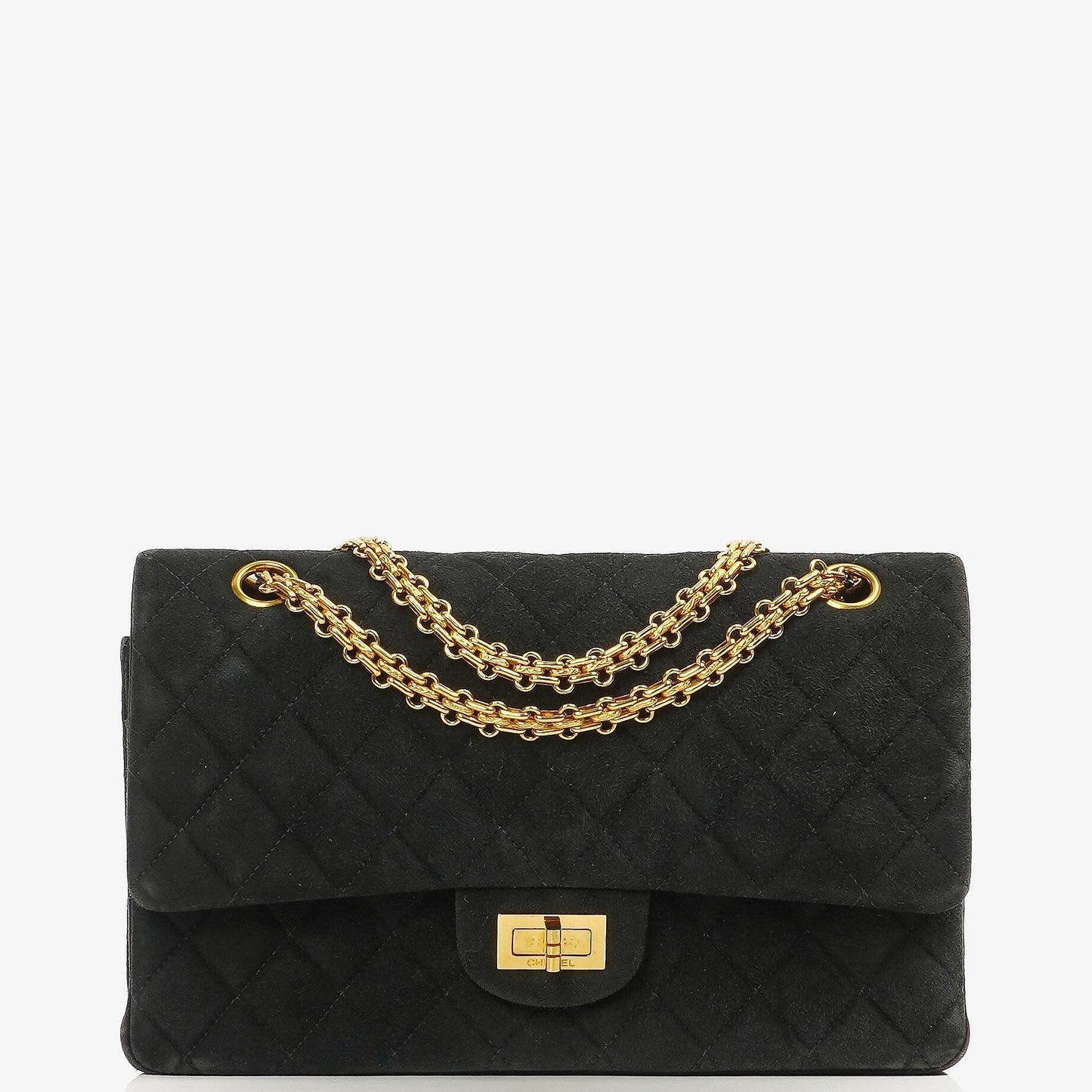 Chanel 2.55 Medium Classic Doppelklappentasche Schwarz Gepolstertes Wildleder Gold Hardware