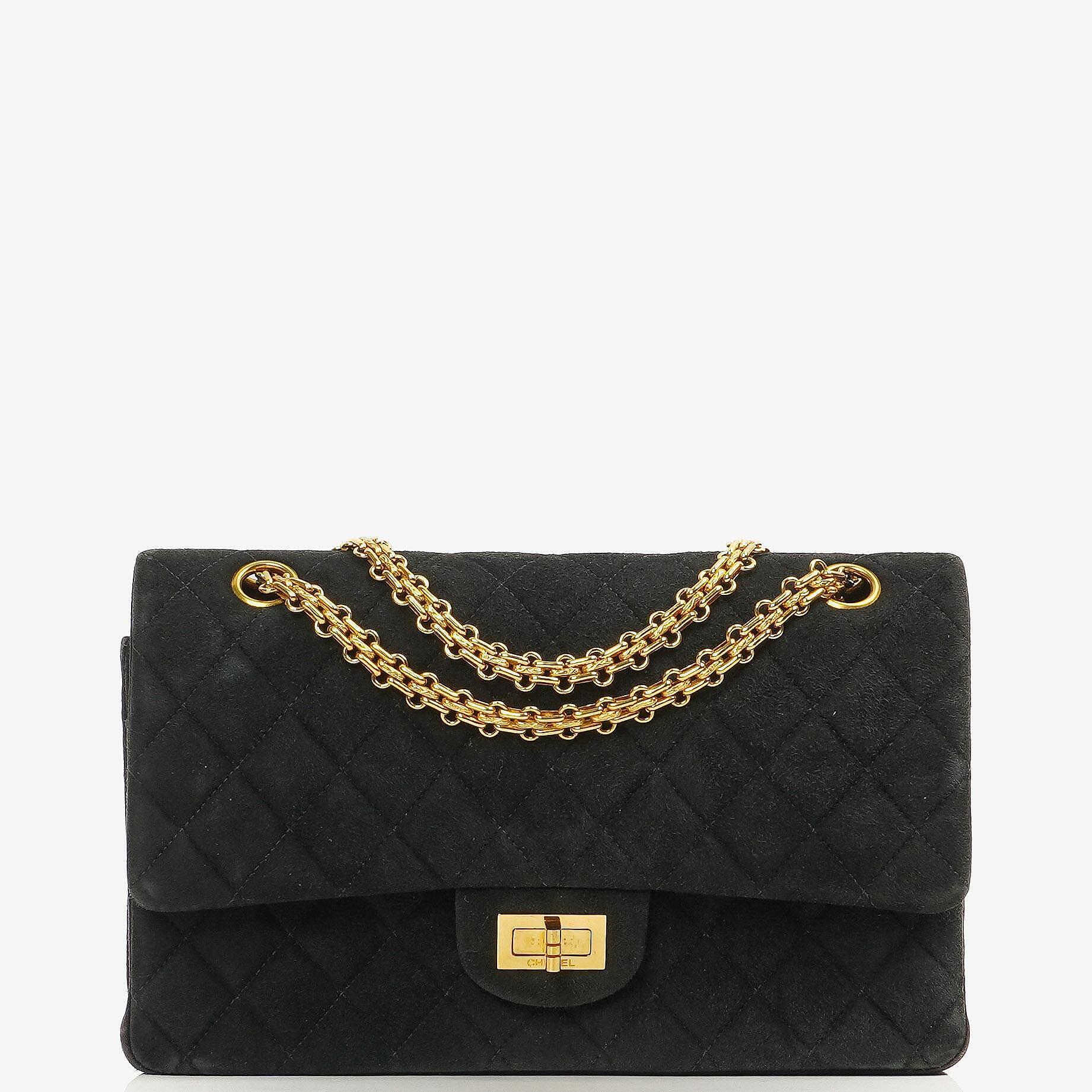 Chanel 2.55 Medium Classic Doppelklappentasche Schwarz Gepolstertes Wildleder Gold Hardware