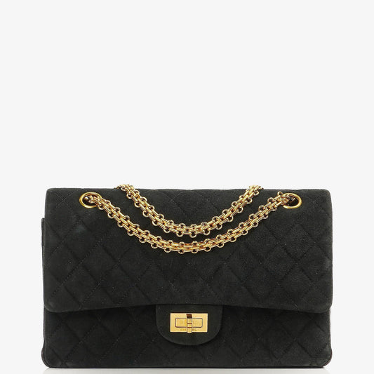 Chanel 2.55 Medium Classic Doppelklappentasche Schwarz Gepolstertes Wildleder Gold Hardware