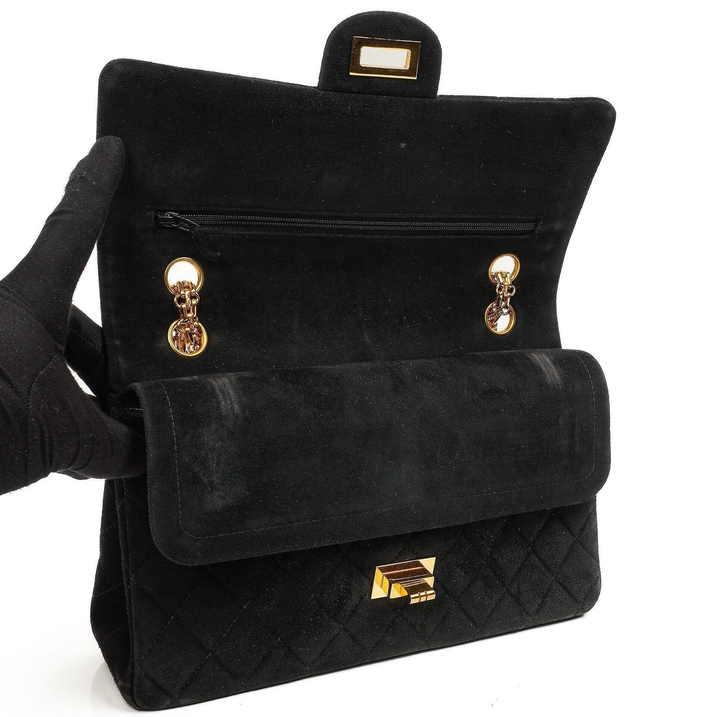 Chanel 2.55 Medium Classic Doppelklappentasche Schwarz Gepolstertes Wildleder Gold Hardware