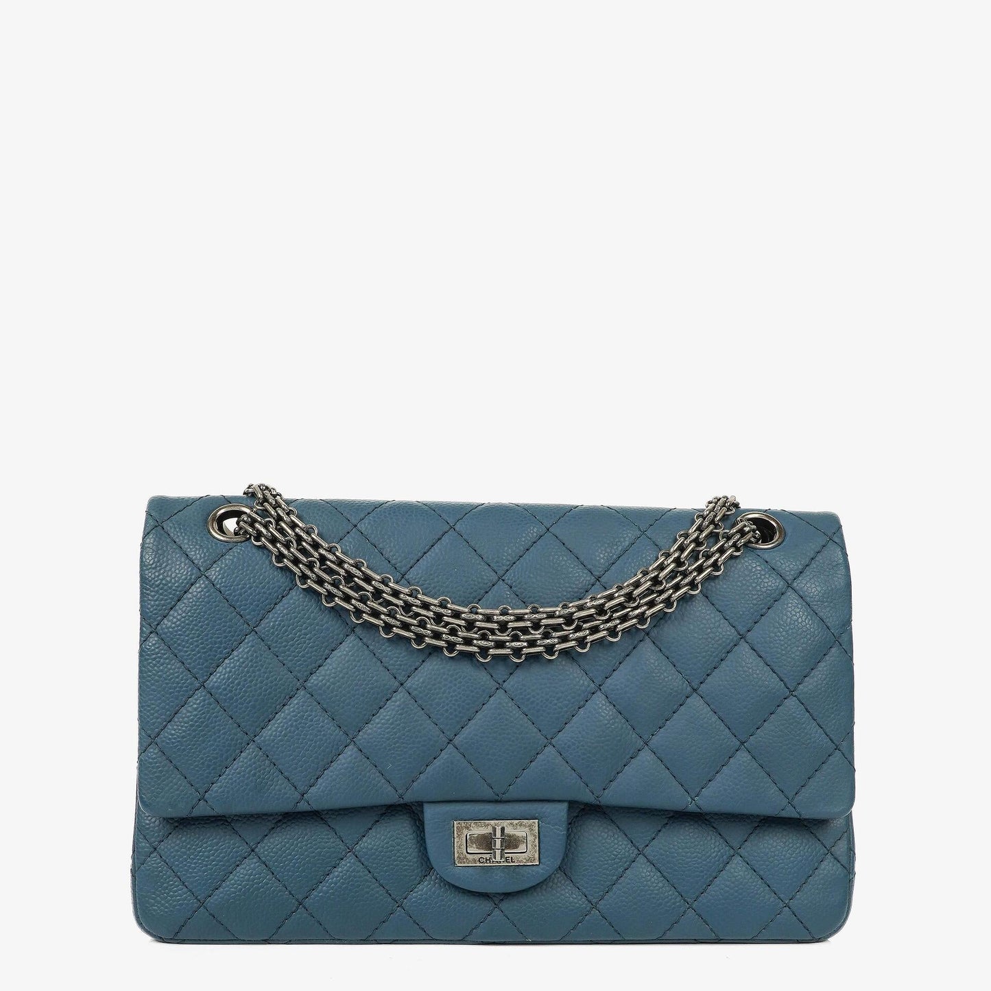 Chanel 2.55 Reissue Double Flap Tasche aus blauem gestepptem Caviar-Leder mit Ruthenium-Beschlägen