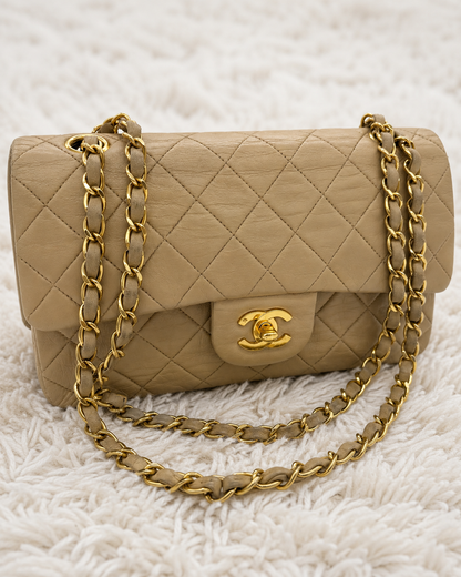 CHANEL Classic Double Flap Small Beige Lammleder 24k Gold