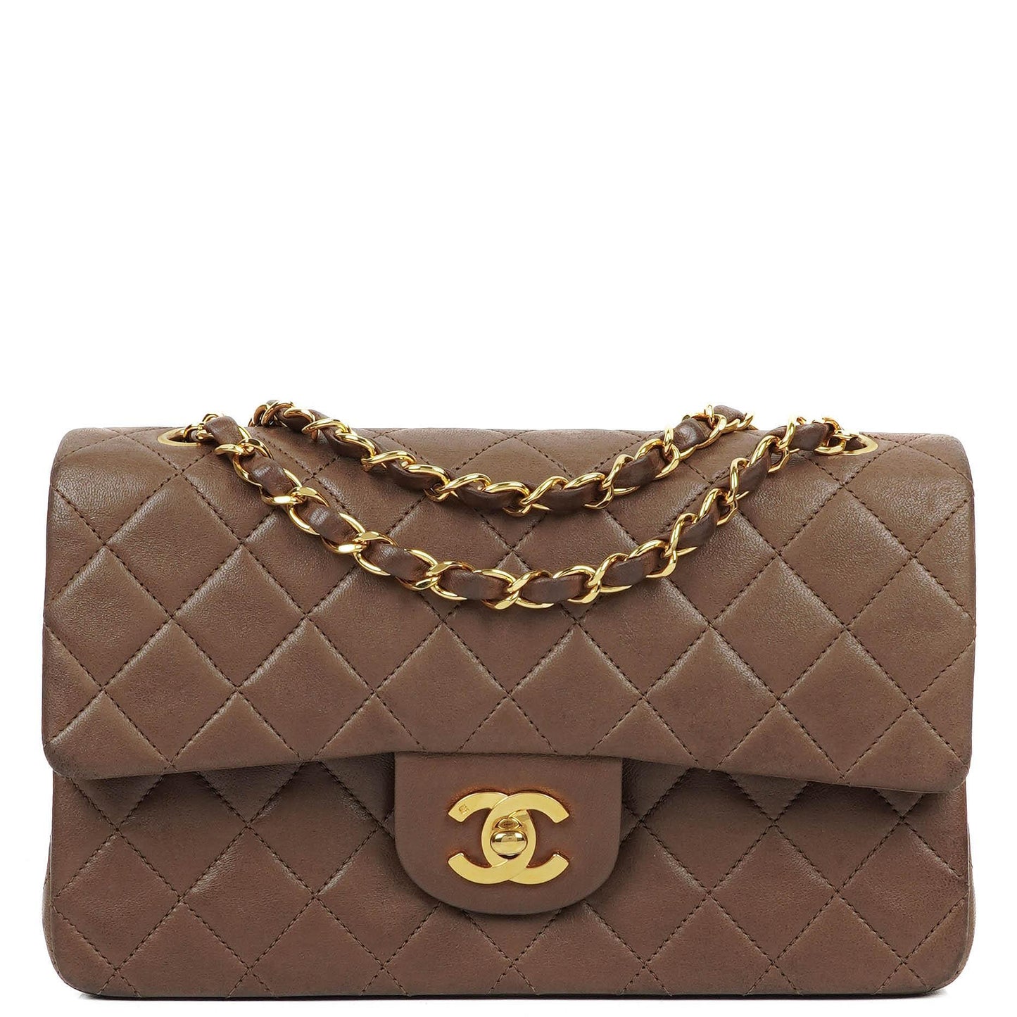 Chanel Kleine Klassische Double Flap Braun Gestepptes Lammleder 24K Vergoldete Beschläge