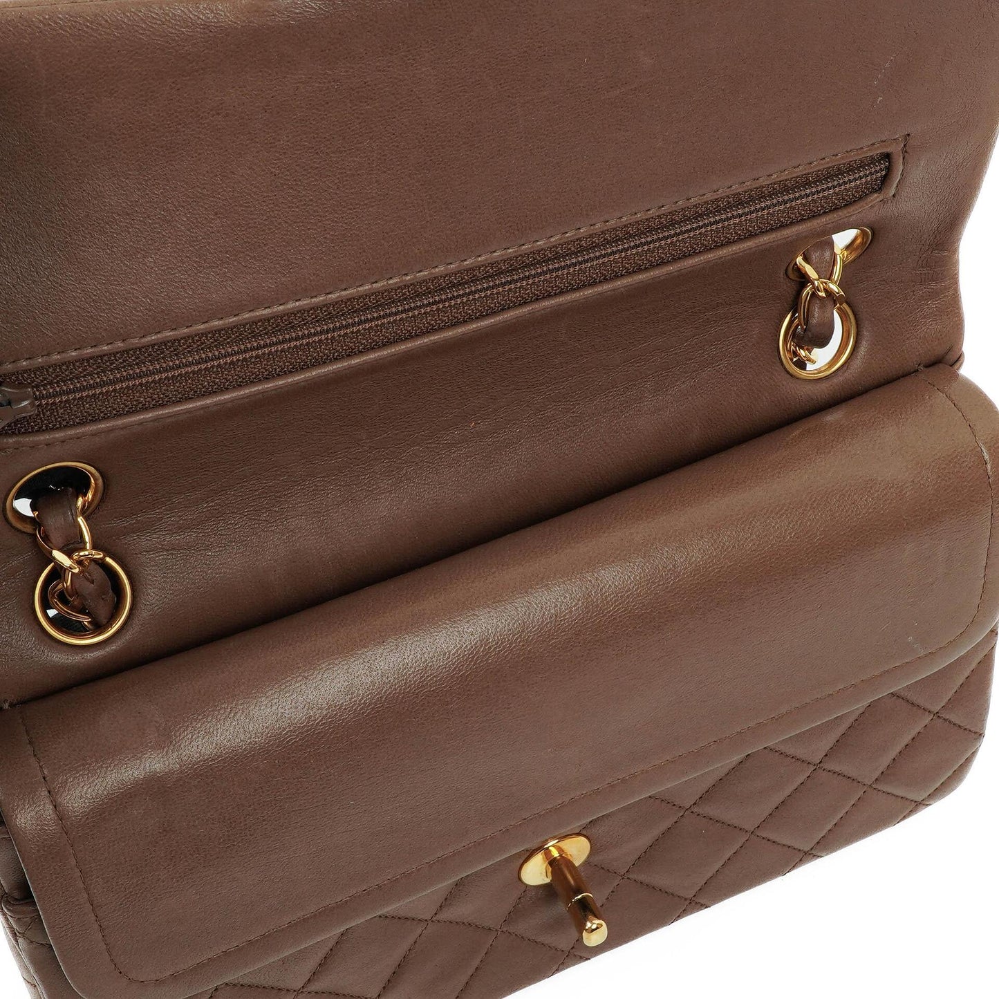 Chanel Kleine Klassische Double Flap Braun Gestepptes Lammleder 24K Vergoldete Beschläge