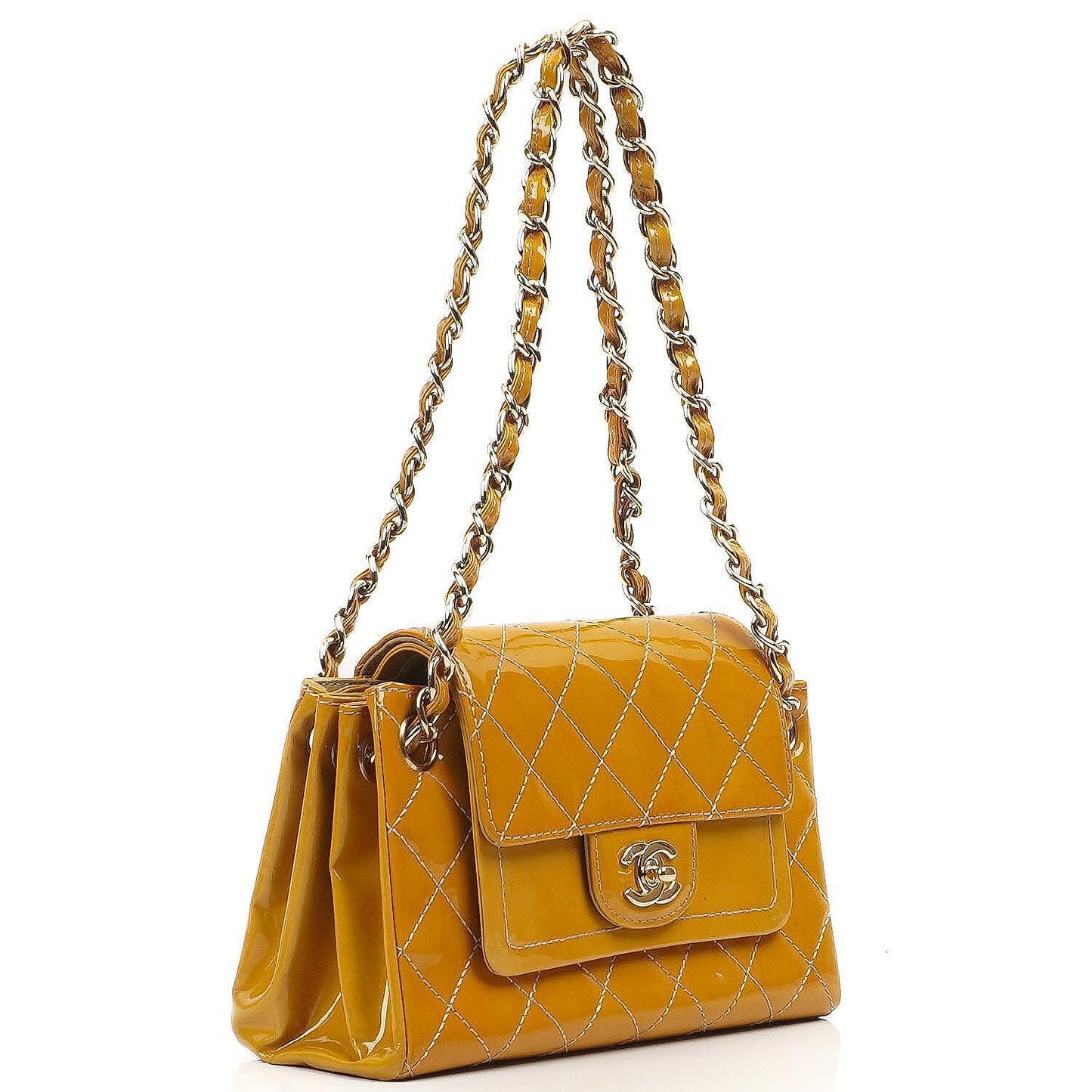 Chanel Akkordeon Doppelklappentasche Gelb Gepolstertes Lackleder Mit 24K Champagner vergoldeter Hardware