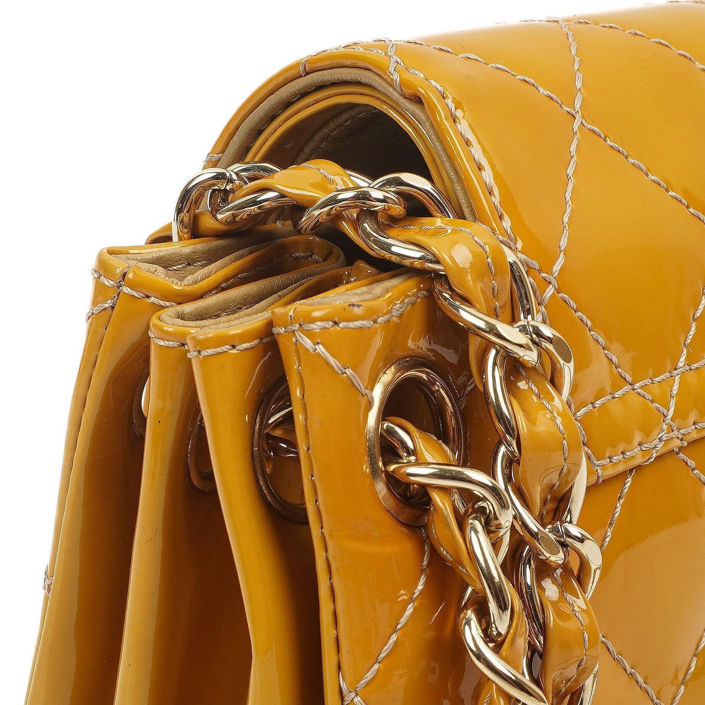 Chanel Akkordeon Doppelklappentasche Gelb Gepolstertes Lackleder Mit 24K Champagner vergoldeter Hardware