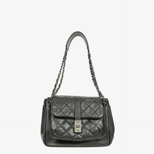 Chanel Accordion Vintage Mademoiselle Lock Flap Schultertasche aus schwarzem gestepptem Caviar