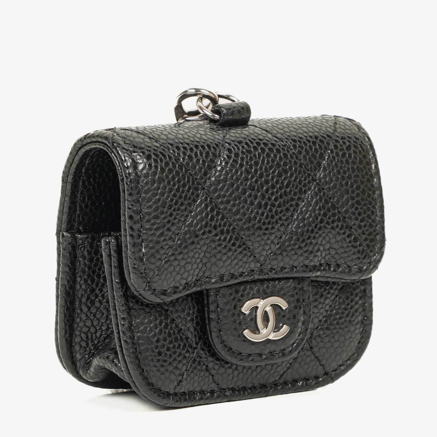 Chanel AirPods Pro Hülle aus schwarzem gestepptem Caviar-Leder mit silberfarbener Hardware