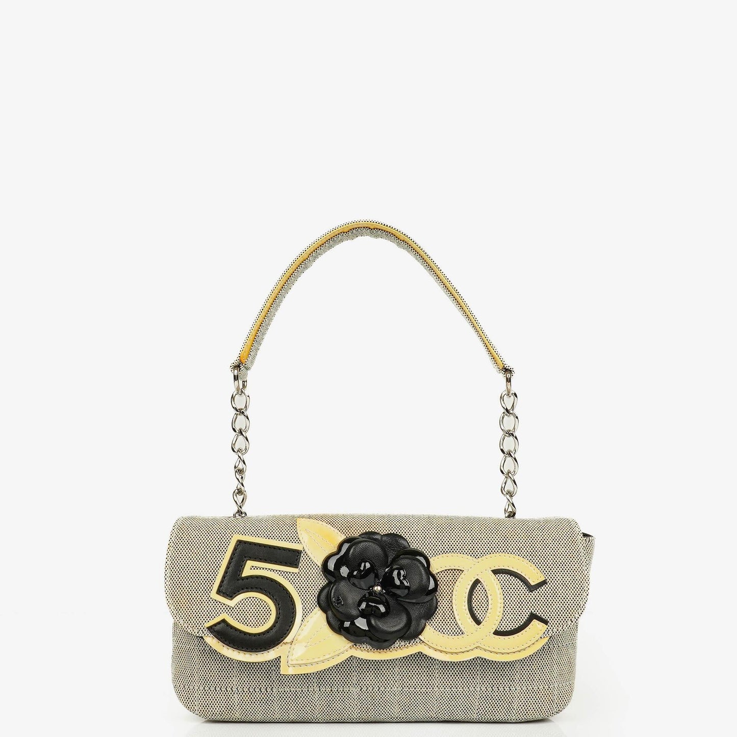Chanel Camellia N°5 Tasche aus beigem und schwarzem Canvas
