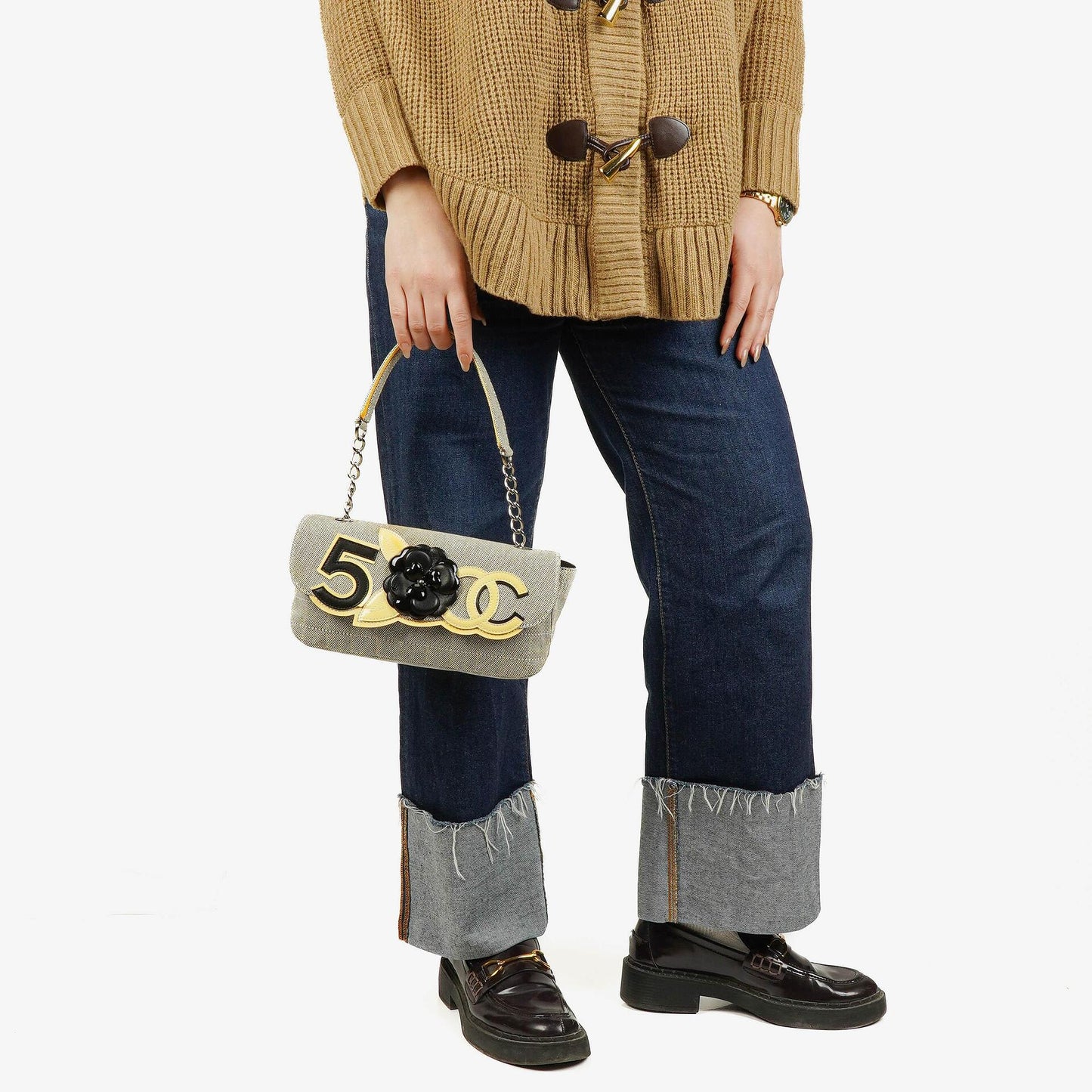 Chanel Camellia N°5 Tasche aus beigem und schwarzem Canvas