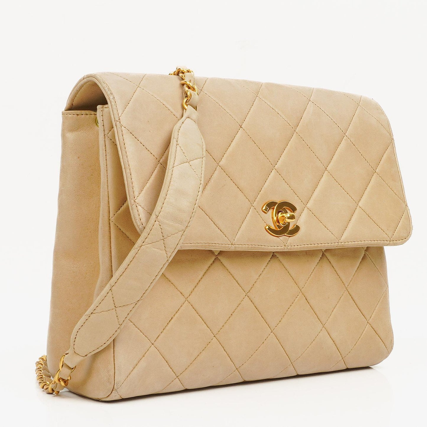 Chanel Kleine Single Flap Tasche aus beigem gestepptem Lammleder mit 24K vergoldeten Beschlägen