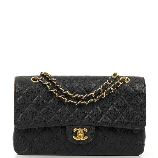 Chanel Mittelgroße Classic Double Flap Tasche Schwarz Gestepptes Kaviarleder Mit Goldfarbener Hardware, 2009-2010