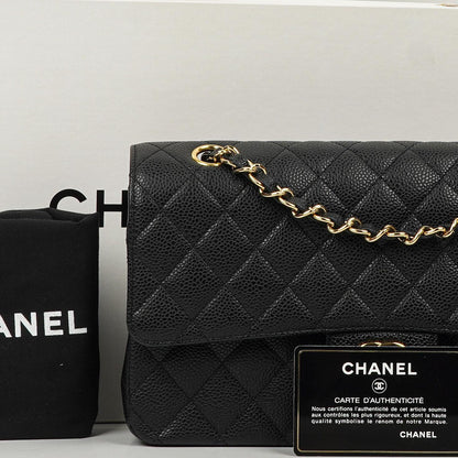 Chanel Mittelgroße Classic Double Flap Tasche Schwarz Gestepptes Kaviarleder Mit Goldfarbener Hardware, 2009-2010