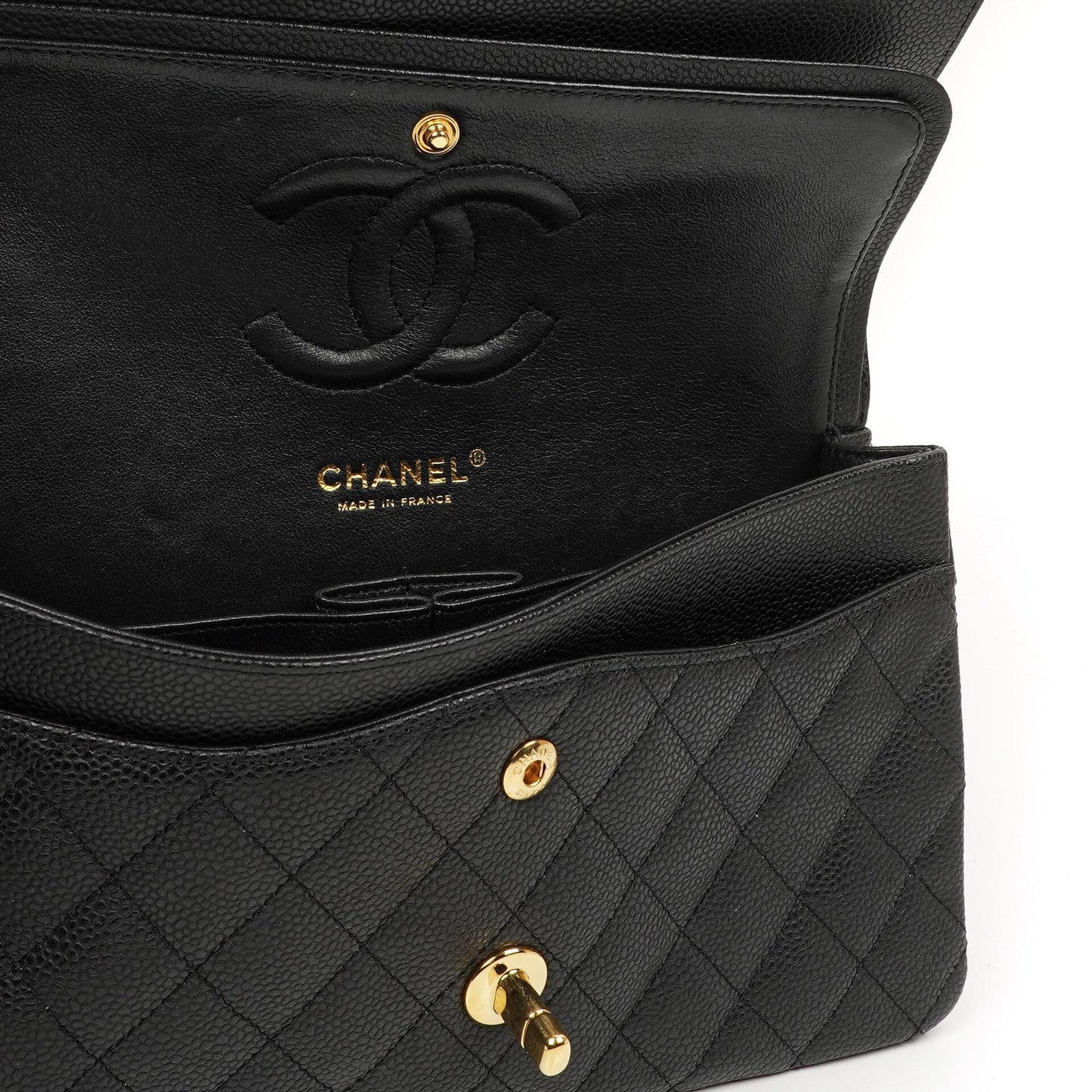 Chanel Mittelgroße Classic Double Flap Tasche Schwarz Gestepptes Kaviarleder Mit Goldfarbener Hardware, 2009-2010