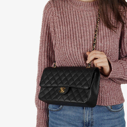 Chanel Mittelgroße Classic Double Flap Tasche Schwarz Gestepptes Kaviarleder Mit Goldfarbener Hardware, 2009-2010