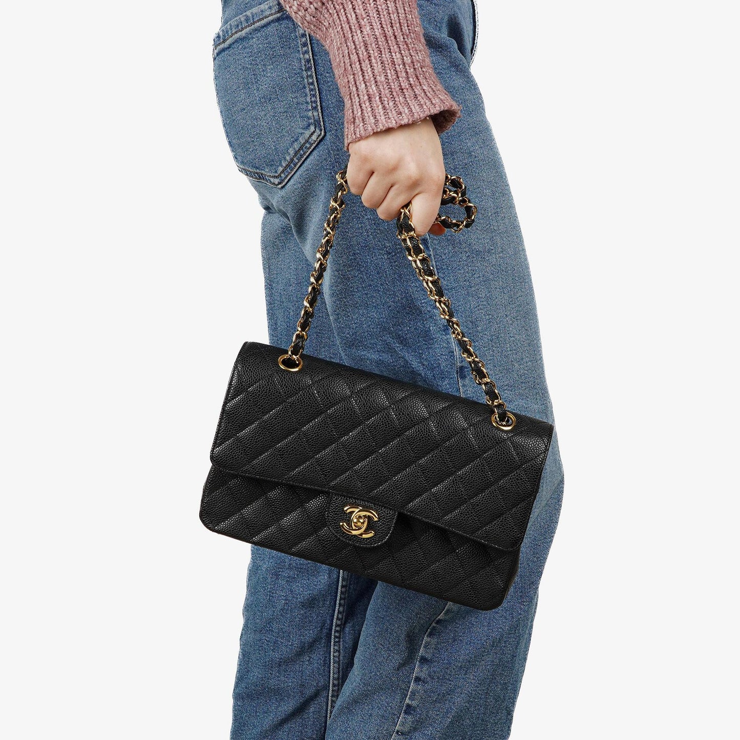 Chanel Mittelgroße Classic Double Flap Tasche Schwarz Gestepptes Kaviarleder Mit Goldfarbener Hardware, 2009-2010