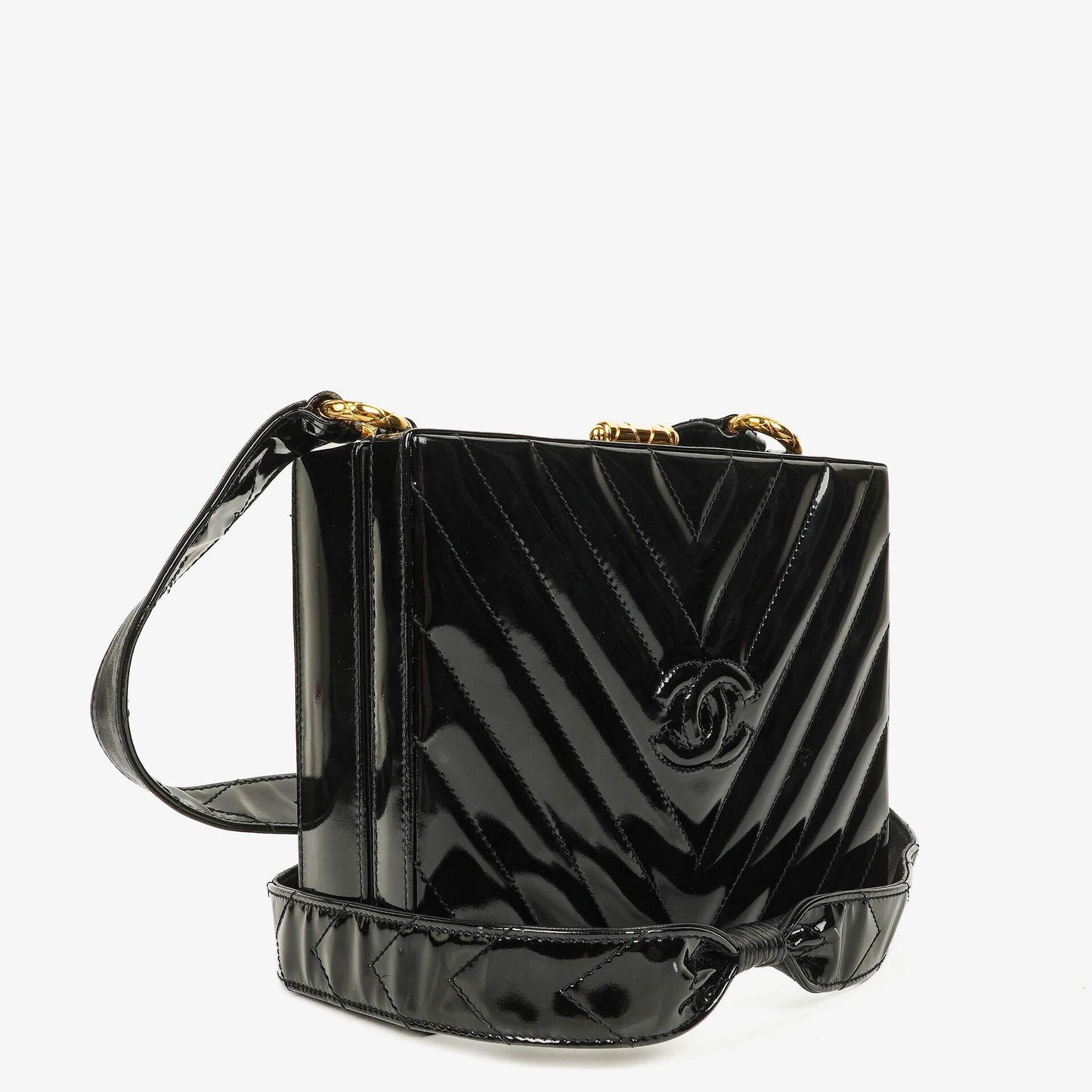 Chanel Vanity Case Box Tasche aus schwarzem Chevron-gestepptem Lackleder