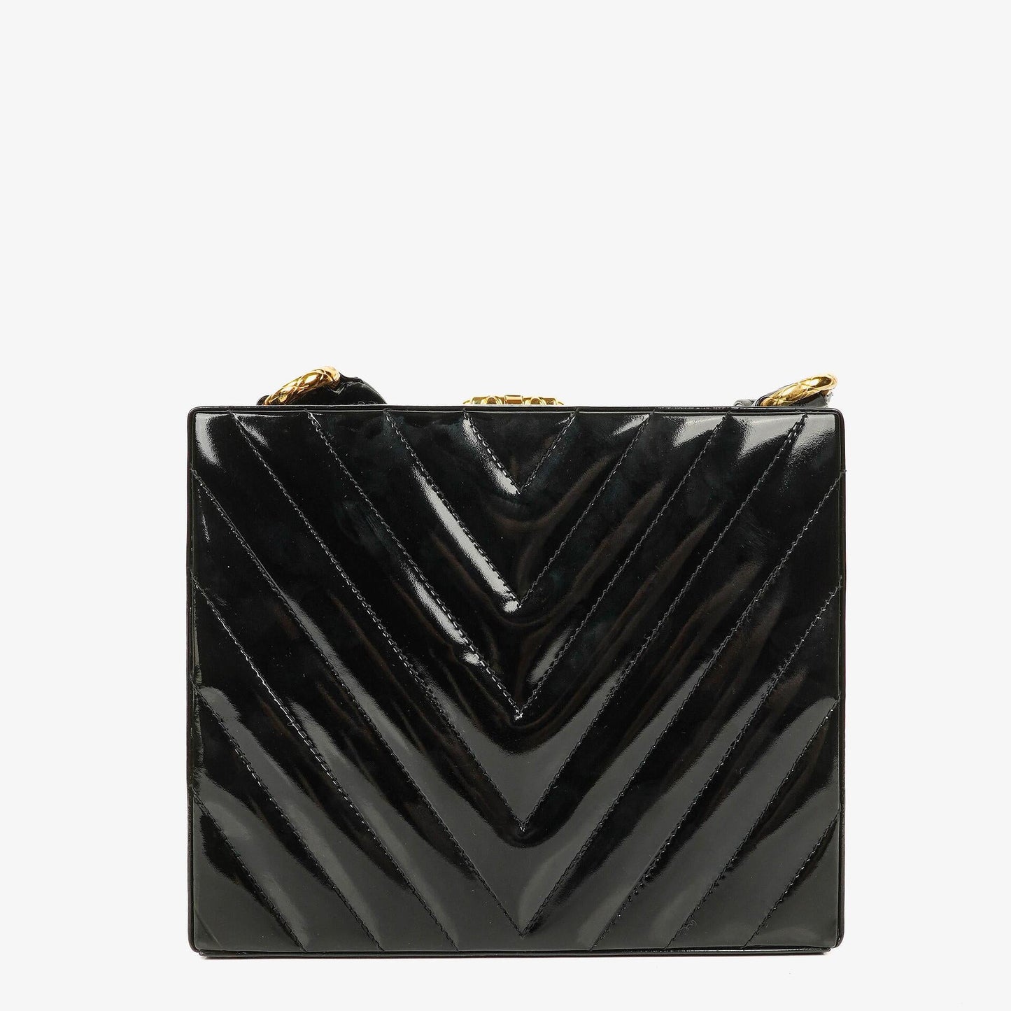 Chanel Vanity Case Box Tasche aus schwarzem Chevron-gestepptem Lackleder