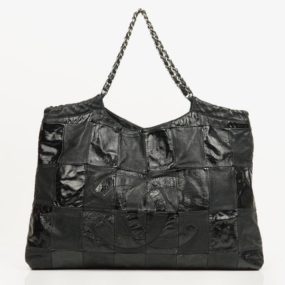 Chanel Große Brooklyn Ligne Patchwork Cabas Tote Tasche aus schwarzem Leder