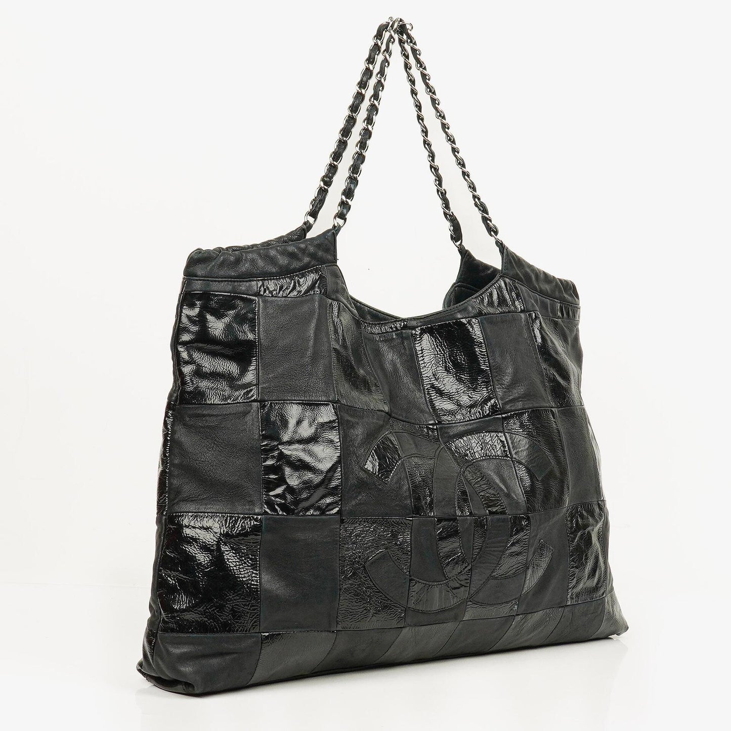 Chanel Große Brooklyn Ligne Patchwork Cabas Tote Tasche aus schwarzem Leder