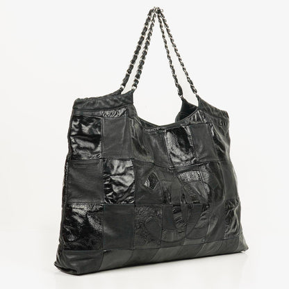 Chanel Große Brooklyn Ligne Patchwork Cabas Tote Tasche aus schwarzem Leder